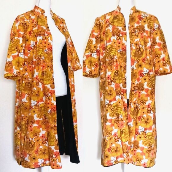 Vtg Hawaiian Barkcloth Handmade Midi Coat Gold Coral Floral Elbow  Sleeve Sz M - Picture 1 of 16